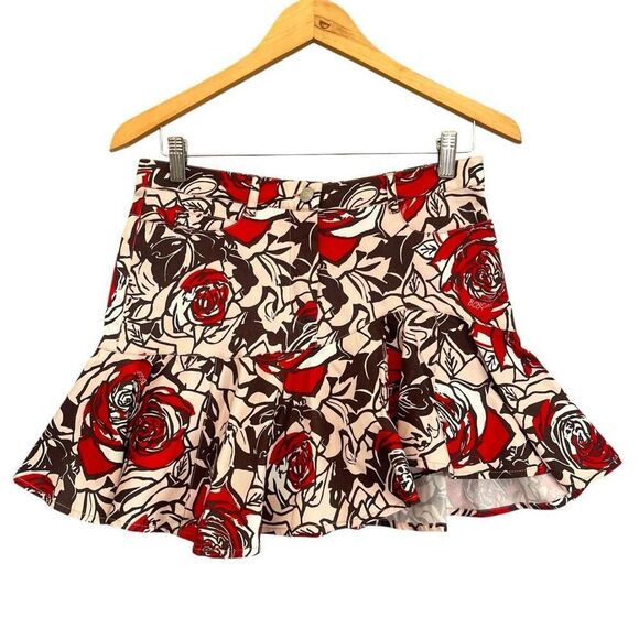 BCBG Y2K Asymmetrical Pleated Mini Skirt Women's 4 Red Brown Roses Dark Romantic - Picture 1 of 10